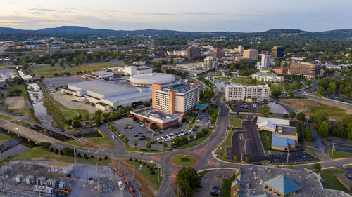 High angle view of street amidst buildings in city