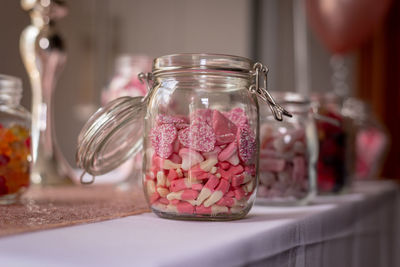 Close-up of drink in glass jar on table