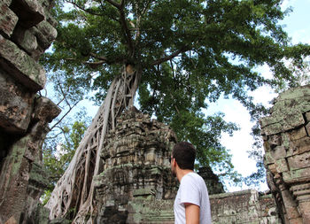 Low angle view of man by tree against sky