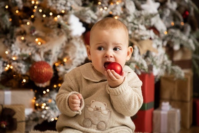 Portrait of cute boy with christmas tree