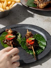 High angle view of food in plate on table