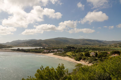 High angle view of bay against sky