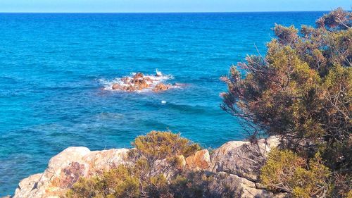 Scenic view of sea against blue sky