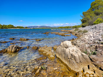 Scenic view of sea against clear blue sky