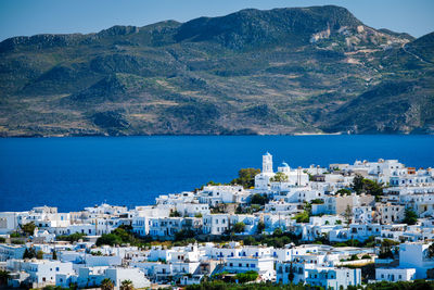 View of plaka village with traditional greek church. milos island, greece