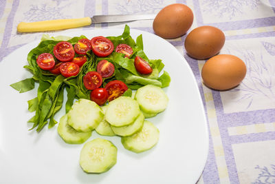 High angle view of breakfast on table