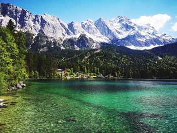 Scenic view of lake and mountains against sky