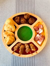 High angle view of food served on table