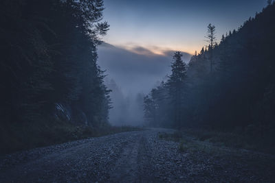 Road amidst trees against sky during sunset