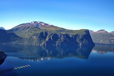 Scenic view of lake and mountains against clear blue sky