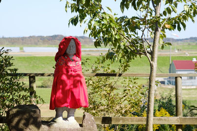 Rear view of woman standing by plants against trees