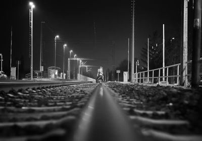 Surface level of railroad tracks at night