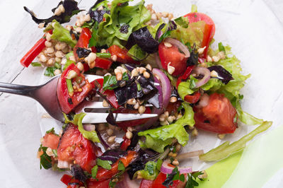 High angle view of vegetables in plate