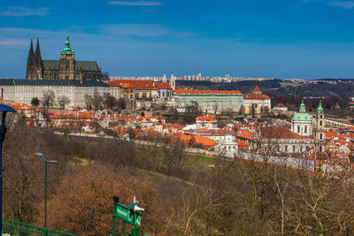 Prague cathedral and city seen from petrin hill in a beautiful early spring day