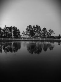 Reflection of trees in lake against clear sky