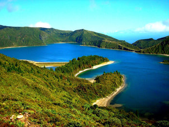 Scenic view of lake and mountains against sky