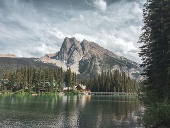 Scenic view of lake by mountains against sky