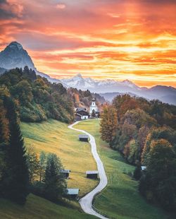 Scenic view of mountains against sky during sunset