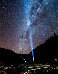 Scenic view of illuminated mountains against sky at night