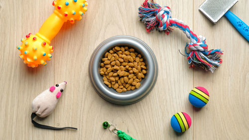 High angle view of multi colored candies on table