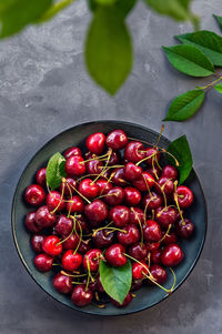 High angle view of cherries in bowl