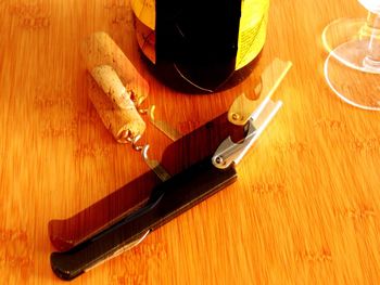 High angle view of wine on table