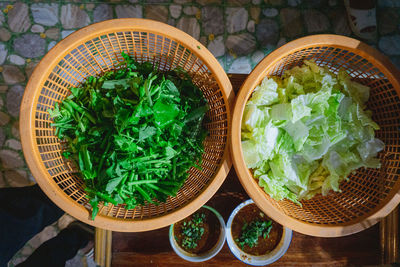 High angle view of leaves in basket on table