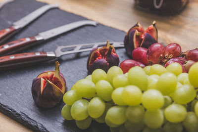 High angle view of grapes on table