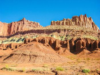 Low angle view of rock formations against clear blue sky at capitol reef national park