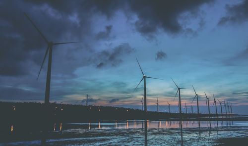 Wind turbines on landscape against sky during sunset