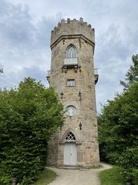 Low angle view of clock tower against sky