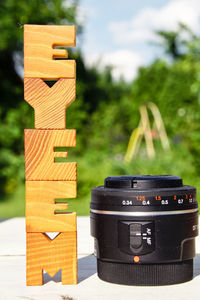 High angle view of text made with toy blocks on table