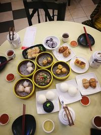 High angle view of meal served on table