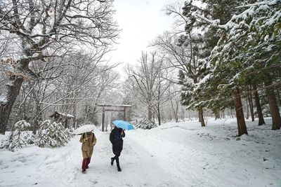 Rear view of people walking on snow covered field