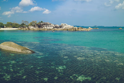 Scenic view of clear water beach against sky