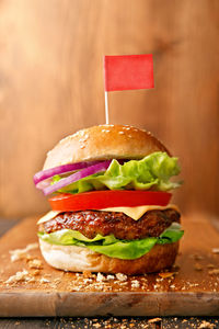 Close-up of burger on table