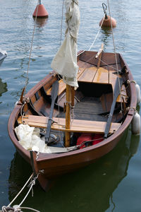 High angle view of fishing boat moored in lake