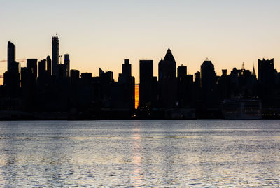 City at waterfront during sunset