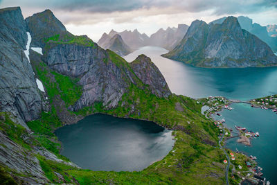 Scenic view of lake against cloudy sky