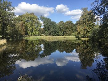 Reflection of trees in lake against sky