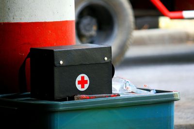 Close-up of first aid box