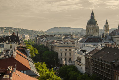 Old town of budapest. rooftops, the andrassy avenue, towers of the st. stephen basilica, in hungary.