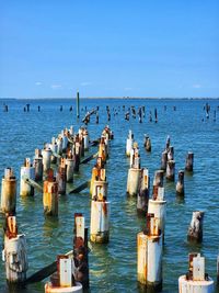 Scenic view of sea against clear blue sky