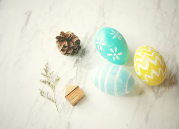 High angle view of various eggs on table