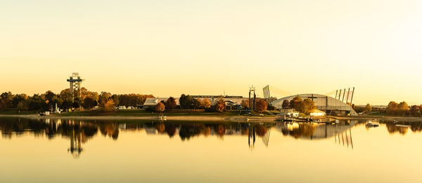 Scenic view of lake against sky during sunset