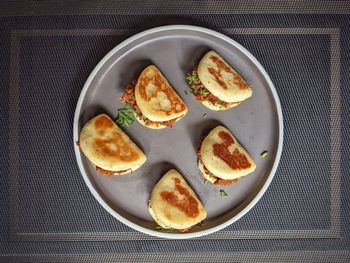 High angle view of breakfast served on table