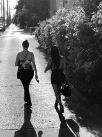 Rear view of women walking on street