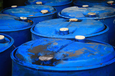 High angle view of old drums