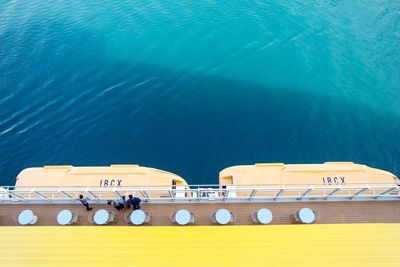 High angle view of boats moored in sea