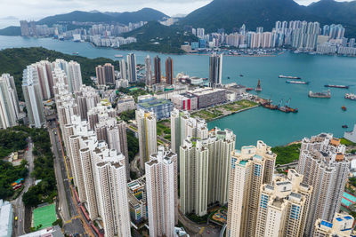 High angle view of city at waterfront